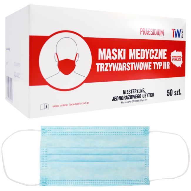 Maseczki medyczne Typ IIR gumka 3 warstwy niebieska a'50szt TW Plast - opakowanie